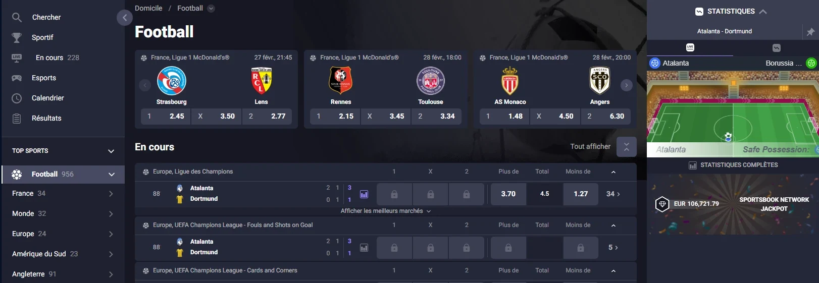 Gambiva Casino : section paris sportifs avec les matchs de football