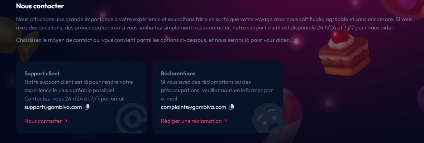Gambiva Casino : page de contact du support et des réclamations